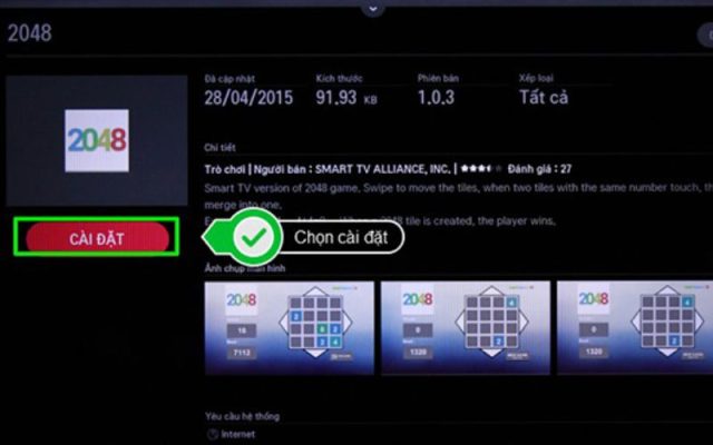 Chọn Cài đặt để tải game về tivi LG