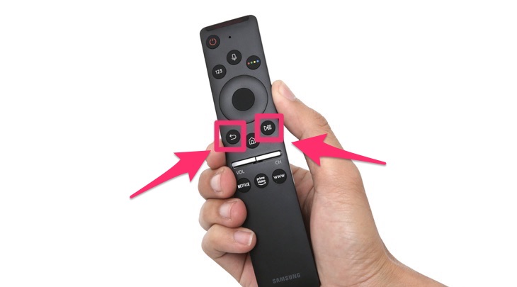nhấn giữ đồng thời nút BACK và nút PLAY để remote Samsung giọng nói