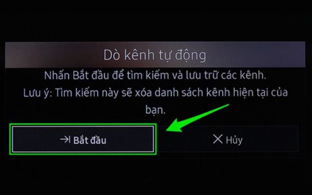 Chọn bắt đầu để tivi LG thực hiện dò kênh tự động