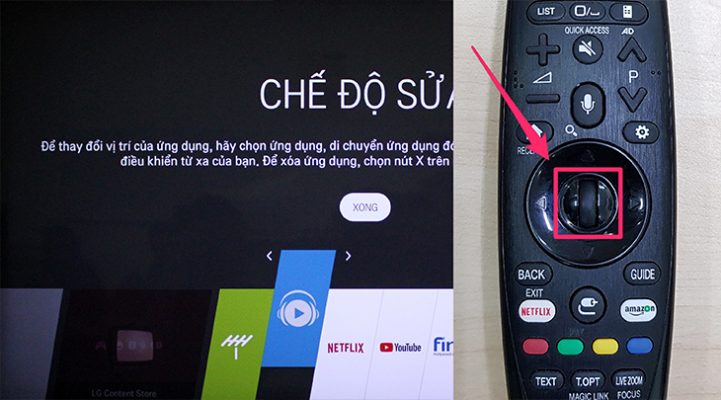 Nhấn giữ nút Chọn trên điều khiển để chuyển màn hình tivi chuyển sang chế độ sửa.