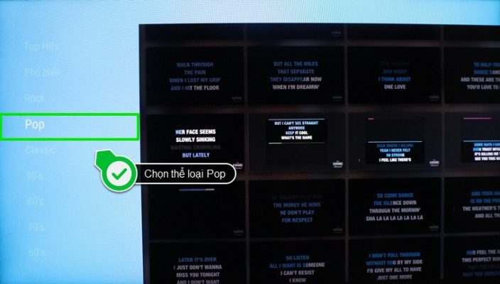 Dùng remote để di chuyển lên xuống và chọn thể loại, bài hát mình thích.