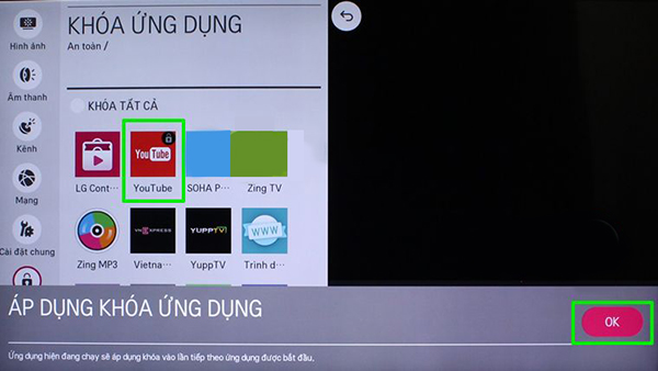 Chọn ứng dụng Youtube sao đó nhấn OK