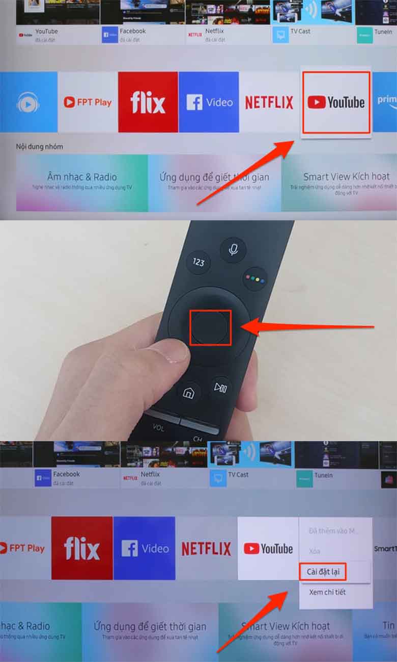 Tiếp tục chọn biểu tượng ứng dụng "YouTube, ấn "OK" và chọn "Cài đặt lại" để reset ứng dụng Youtube