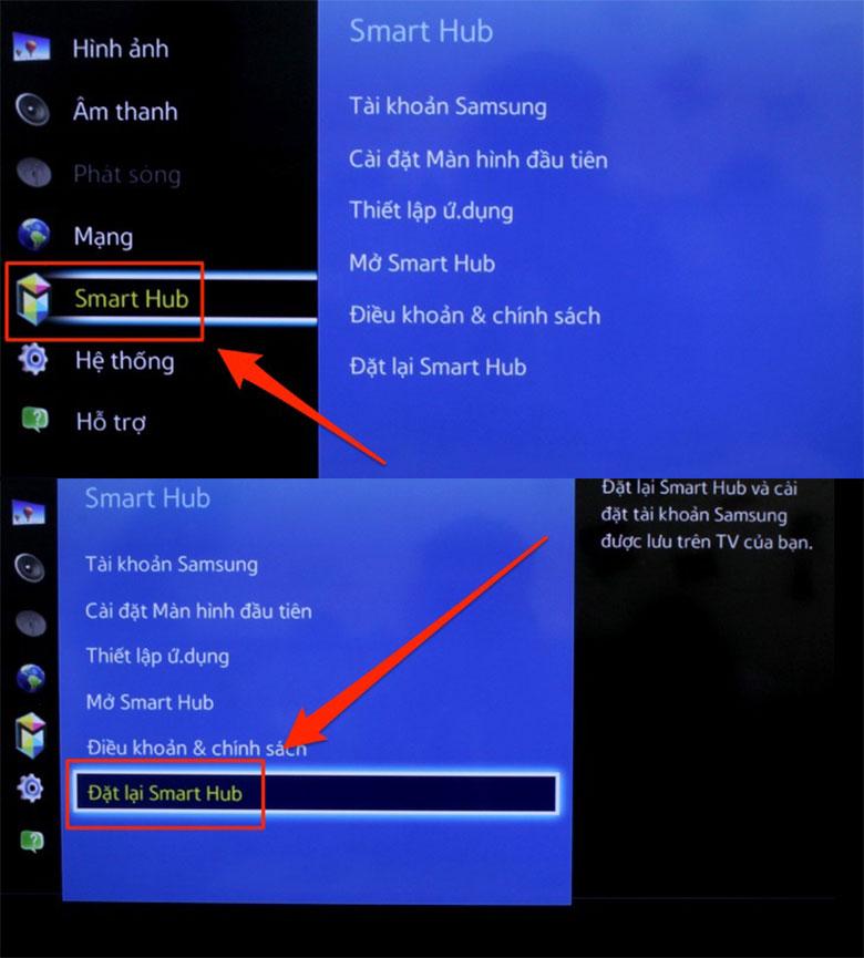 Chọn mục "Smart Hub", "Đặt lại Smart Hub" bắt đầu cài đặt giao diện SmartHub