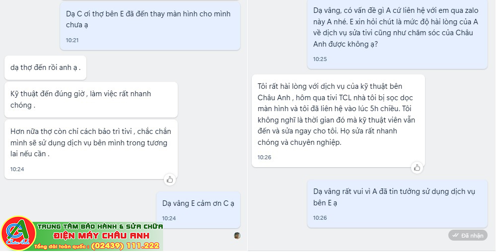 Hình ảnh tin nhắn phản hồi của khách hàng về chất lượng dịch vụ sửa tivi tại nhà Hà Nội 2