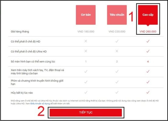 Nhấn chọ các gói dịch vụ phù hợp với bạn và chọn mục Tiếp theo.