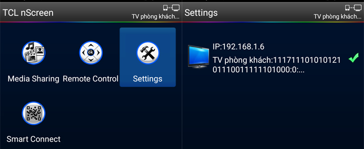 Bạn nhấn vào Settings để hệ thống quét và kết nối với tivi khả dụng.