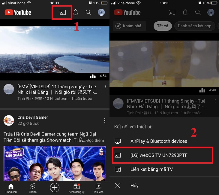 Bạn nhấn vào biểu tượng “ChromeCast” rồi chọn thiết bị tivi muốn kết nối với điện thoại.