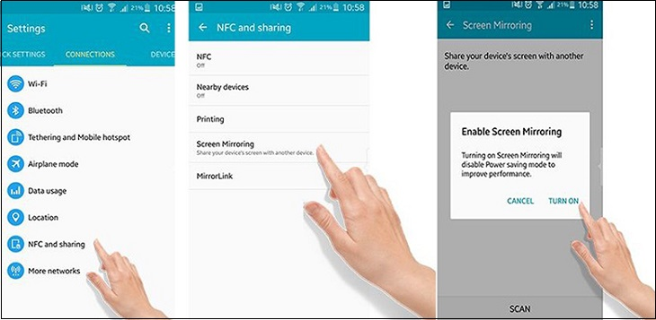 Bạn nhấn vào “NFC and Sharing” trong tab Connections rồi bấm ““Screen Mirroring” sau đó chọn “Turn on”.