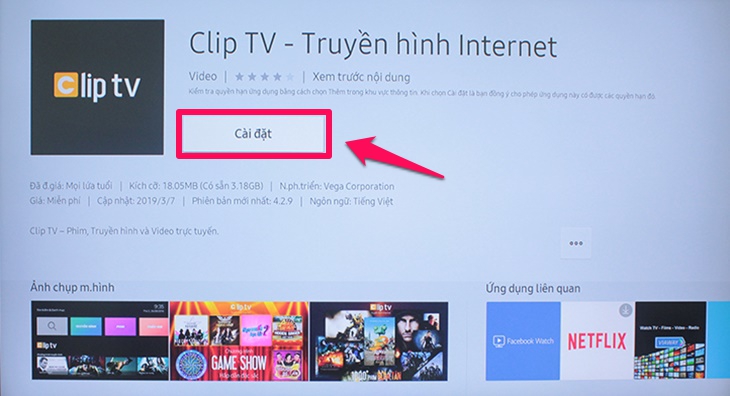 Nhấn Cài đặt để tải ứng dụng ClipTV về tivi