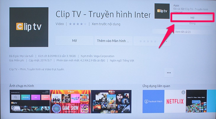 Nhấn Mở để mở ứng dụng ClipTV