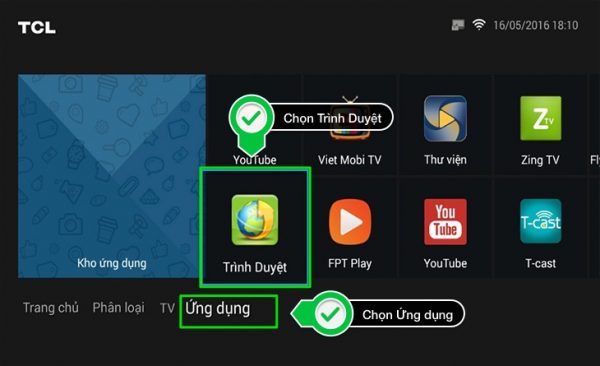 Chọn trang ứng dụng trên giao diện trang chủ chính trên màn hình
