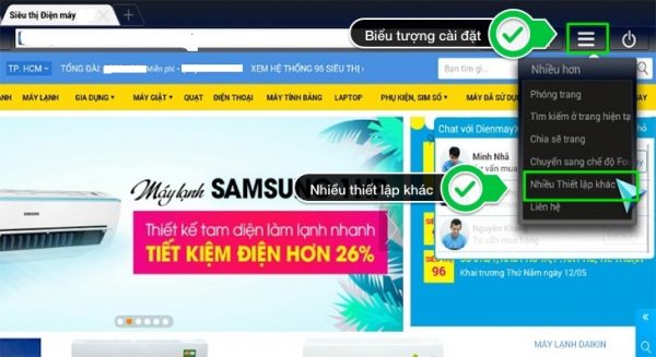 Chọn cài đặt trên giao diện web
