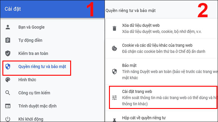 Truy cập vào tài khoản Google, chọn mục Dữ liệu và Quyền riêng tư