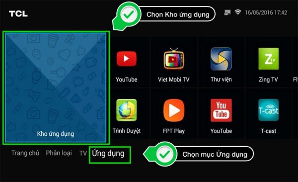 Chọn mục ứng dụng trên giao diện menu trên màn hình