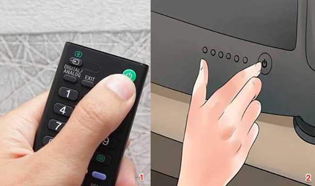 tắt tivi bằng Remote sau đó nhấn thêm nút nguồn để tắt hẳn tiv