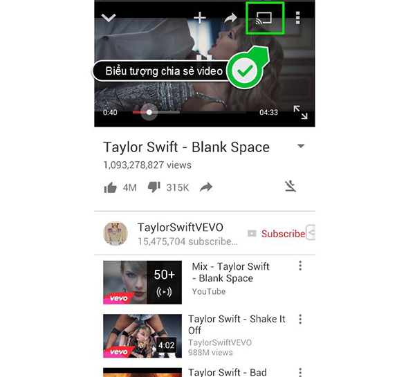 Mở video Youtube rồi chọn vào biểu tượng chia sẻ