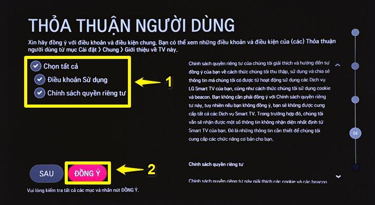 Nhấn tích vào tất cả các ô (1) và chọn chữ "ĐỒNG Ý"/"AGREE"