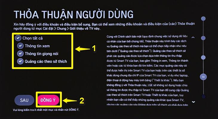 Nhấn tích vào tất cả các ô tiếp theo (1) và chọn chữ "ĐỒNG Ý"/"AGREE" (2).