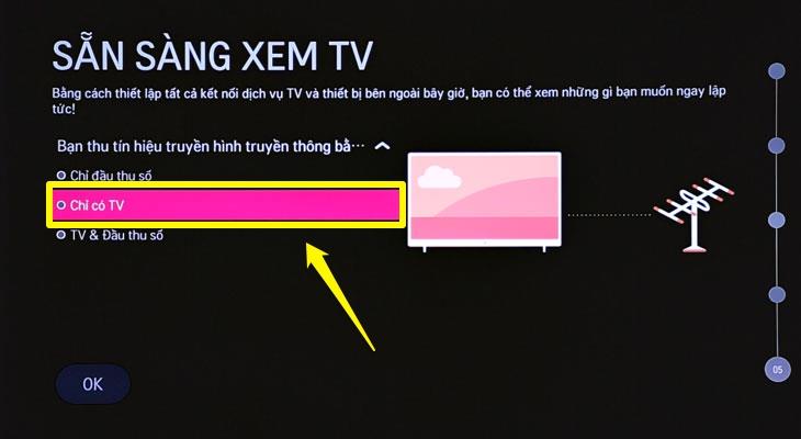 Tích vào ô "Chỉ có TV" (1) và chọn chữ "OK" (2).