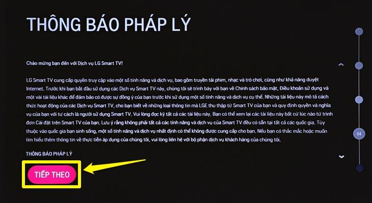 Ở cửa sổ thông báo pháp lý, bạn chọn chữ "TIẾP THEO"/"NEXT"