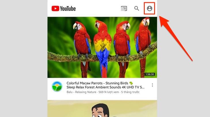 Tiếp theo bạn chọn vào phần tài khoản ở phía góc trên bên phải màn hình Youtube.