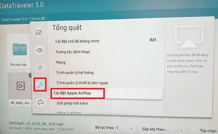 Vào Cài đặt AirPlay trên tivi Samsung