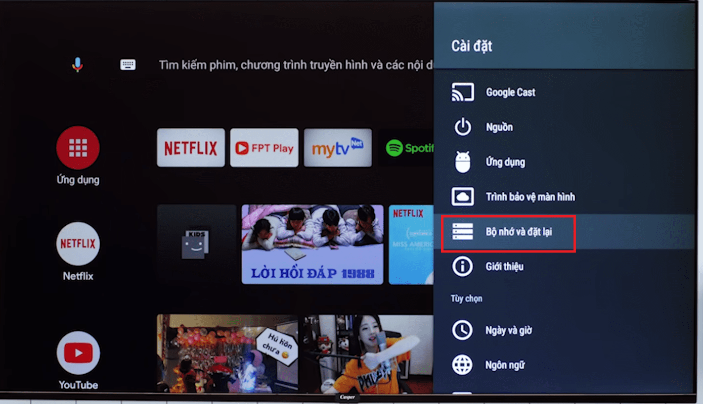 Chọn Bộ nhớ và đặt lại