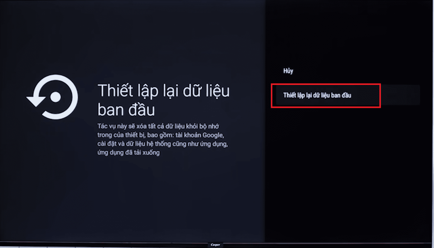 Chọn tiếp Thiết lập lại dữ liệu ban đầu