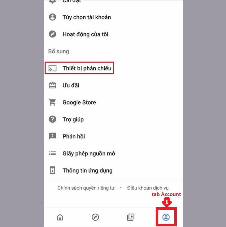 Trên ứng dụng Google Home chọn "thiết bị phản chiếu" tại tab Account.