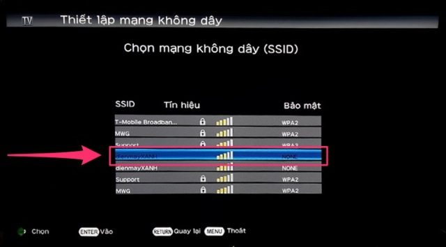 Chọn tên wifi nhà bạn để kết nối wifi cho tivi sharp aquos