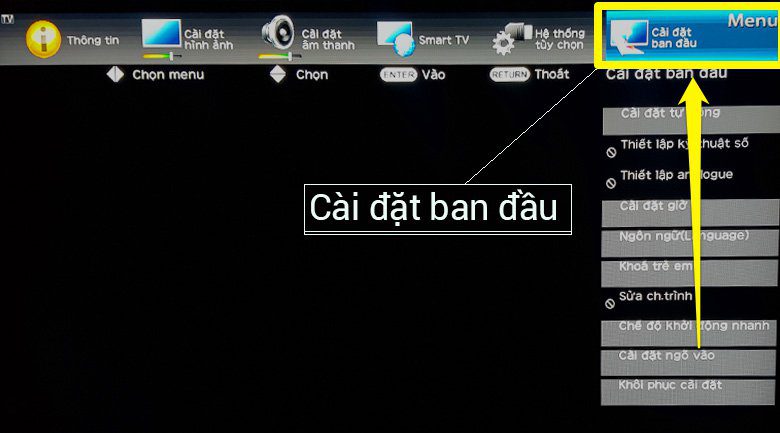 Chọn mục Cài đặt ban đầu