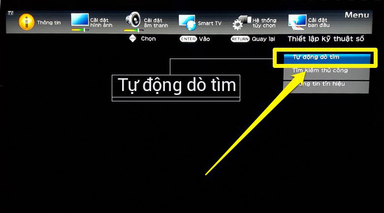 Chọn mục Tự động dò tìm để dò kênh cho tivi Sharp Aquostivi Sharp đang tiến hành dò kênh tự động