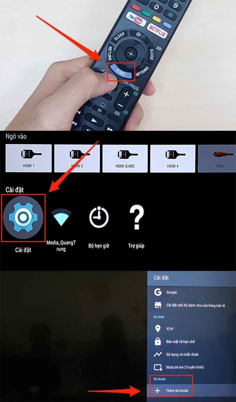 Tìm kiếm và lựa chọn mục “cài đặt” trên TV