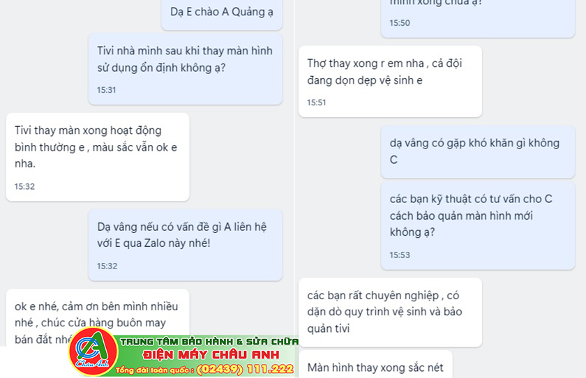 Phản hồi của khách hàng về Chất Lượng Dịch Vụ thay màn hình tivi XIAOMI tại nhà