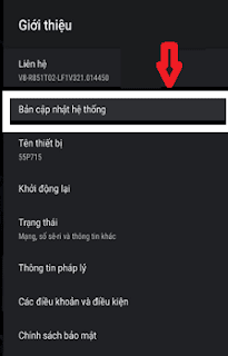 Đối với những model tivi Xiaomi 2018 sử dụng hệ điều hành Android, sau khi nhấn nút Cài đặt ở bước 1, màn hình TV sẽ hiển thị các tùy chọn (trong đó có mục Giới thiệu). Bạn chỉ cần nhấn vào mục Giới thiệu là được. Bước 3: Chọn mục Bản cập nhật hệ thống hoặc Cập nhật hệ thống.