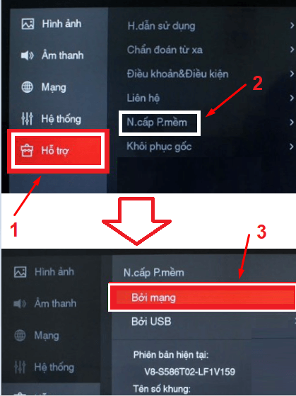 Trên màn hình tivi, chọn mục Hỗ trợ >> Chọn N.cấp P.mềm (Nâng cấp phần mềm) >> Chọn Bởi mạng.