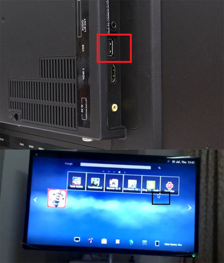 Cắm đầu USB của chuột vào cổng USB trên tivi, con trỏ chuột hiển thị trên màn hình tivi giúp bạn linh hoạt trong việc điều khiển tivi