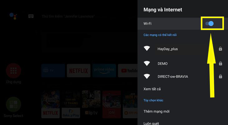 Chọn bật “Wifi” và chọn mạng bạn muốn kết nối.