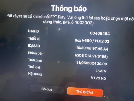 Ứng dụng FPT Play trên tivi LG bị lỗi